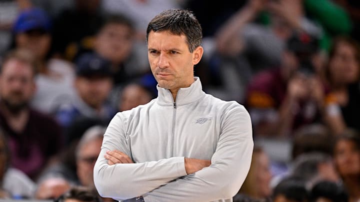 Oct 6, 2025; Fort Worth, Texas, USA; Oklahoma City Thunder head coach Mark Daigneault looks on during the game between the Dallas Mavericks and the Oklahoma City Thunder at Dickie's Arena. Mandatory Credit: Jerome Miron-Imagn Images