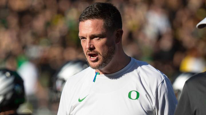 Oregon Ducks head coach Dan Lanning walks the field during warmups as the No. 3 Oregon Ducks host the No. 2 Ohio State Buckeyes Saturday, Oct. 12, 2024 at Autzen Stadium in Eugene, Ore.