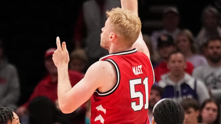 Nebraska Cornhuskers forward Rienk Mast shoots a layup against the Kansas State Wildcats at T-Mobile Center.