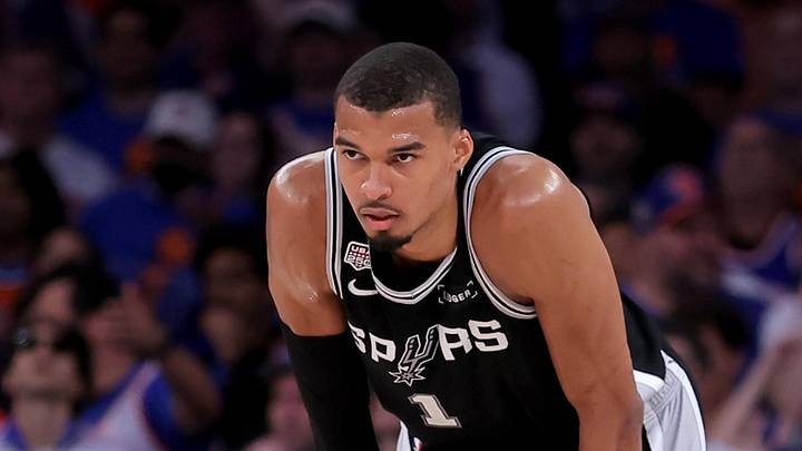 Jun 10, 2026; New York, New York, USA; San Antonio Spurs forward Victor Wembanyama (1) reacts during the fourth quarter of game four of the 2026 NBA Finals against the New York Knicks at Madison Square Garden. Mandatory Credit: Brad Penner-Imagn Images