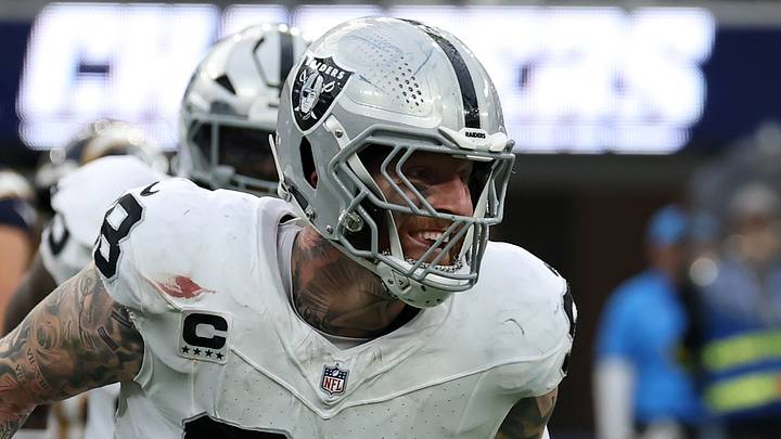 Nov 30, 2025; Inglewood, California, USA; Las Vegas Raiders defensive end Maxx Crosby (98) reacts after a tackle against the Los Angeles Chargers during the second half at SoFi Stadium. Mandatory Credit: Kiyoshi Mio-Imagn Images Nov 30, 2025; Inglewood, California, USA; Las Vegas Raiders defensive end Maxx Crosby (98) reacts after a tackle against the Los Angeles Chargers during the second half at SoFi Stadium. Mandatory Credit: Kiyoshi Mio-Imagn Images