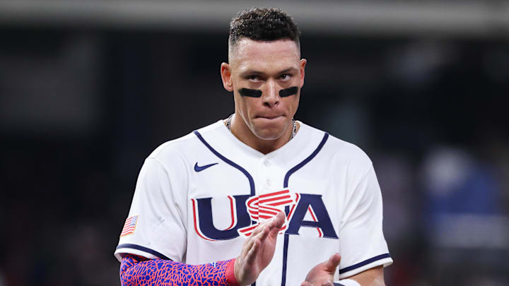 Mar 9, 2026; Houston, TX, United States; United States outfielder Aaron Judge (99) reacts in the middle of the fourth inning against Mexico at Daikin Park. Mandatory Credit: Troy Taormina-Imagn Images