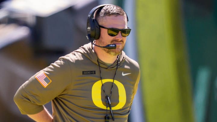Oregon head coach Dan Lanning looks on during the Oregon Ducks annual spring game on April 25, 2026 at Autzen Stadium in Eugene, Oregon.