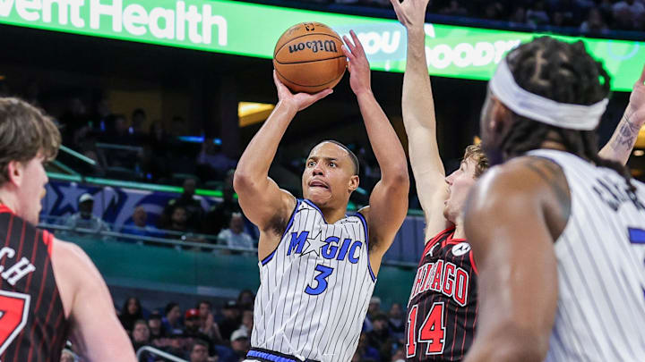 Dec 1, 2025; Orlando, Florida, USA; Orlando Magic guard Desmond Bane (3) shoots the ball during the second quarter against the Chicago Bulls at Kia Center. Mandatory Credit: Mike Watters-Imagn Images