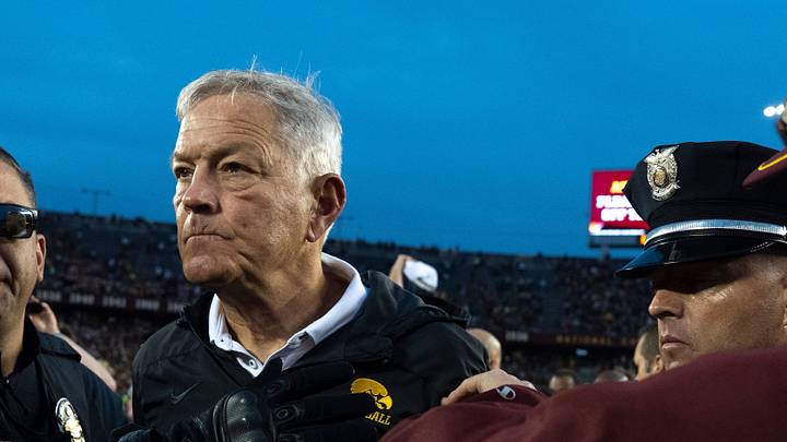 Iowa head football coach Kirk Ferentz walks off the field after shaking hands with Minnesota head coach P.J. Fleck Oct. 24, 2026 during a Big Ten football game in Minneapolis, Minnesota.