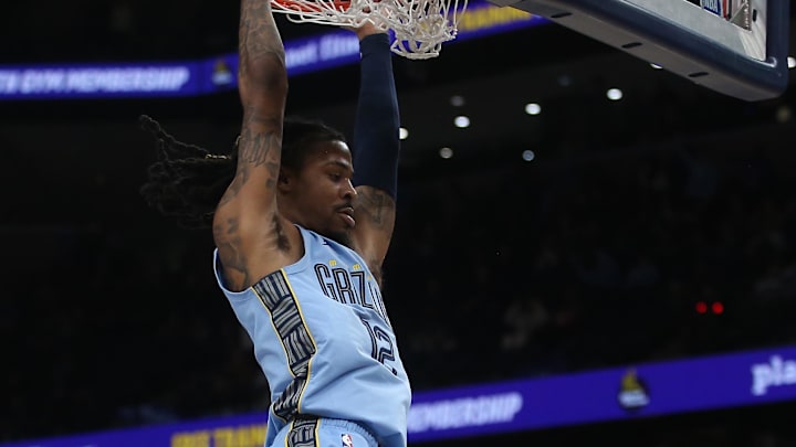 Jan 21, 2026; Memphis, Tennessee, USA; Memphis Grizzlies guard Ja Morant (12) dunks during the fourth quarter against the Atlanta Hawks at FedExForum. Mandatory Credit: Petre Thomas-Imagn Images Jan 21, 2026; Memphis, Tennessee, USA; Memphis Grizzlies guard Ja Morant (12) dunks during the fourth quarter against the Atlanta Hawks at FedExForum. Mandatory Credit: Petre Thomas-Imagn Images