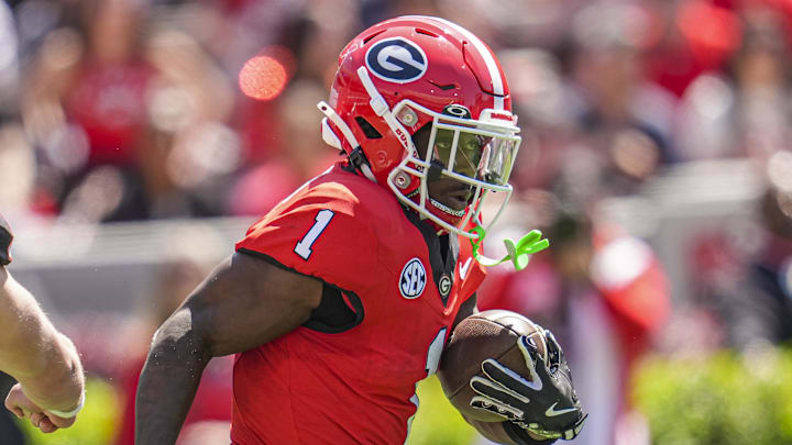 Apr 12, 2025; Athens, GA, USA; Georgia Bulldogs wide receiver Zachariah Branch (1) runs with the ball during the Georgia Spring game at Sanford Stadium. Mandatory Credit: Dale Zanine-Imagn Images Apr 12, 2025; Athens, GA, USA; Georgia Bulldogs wide receiver Zachariah Branch (1) runs with the ball during the Georgia Spring game at Sanford Stadium. Mandatory Credit: Dale Zanine-Imagn Images