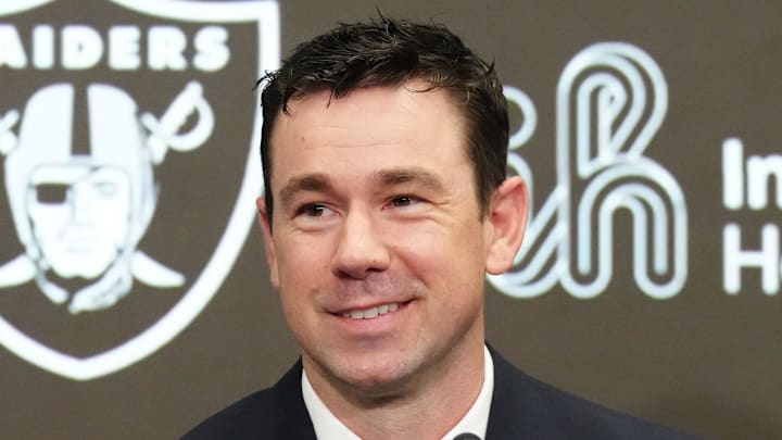 Feb 10, 2026; Henderson, NV, USA; Las Vegas Raiders coach Klint Kubiak speaks at introductory press conference at Intermountain Health Performance Center. Mandatory Credit: Kirby Lee-Imagn Images