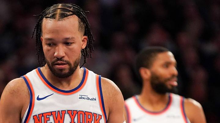 Apr 9, 2026; New York, New York, USA; New York Knicks guard Jalen Brunson (11) reacts during the fourth quarter against the Boston Celtics at Madison Square Garden. Mandatory Credit: Lucas Boland-Imagn Images