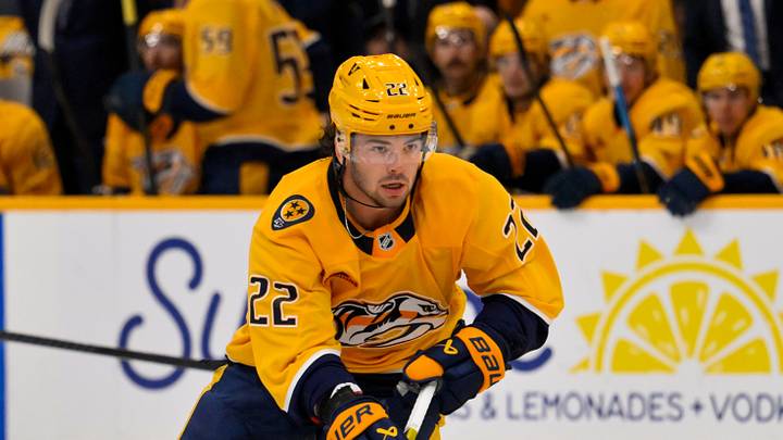Oct 1, 2026; Nashville, Tennessee, USA; Nashville Predators center Mavrik Bourque (22) skates with the puck against the Minnesota Wild during the first period at Bridgestone Arena. Mandatory Credit: Steve Roberts-Imagn Images Oct 1, 2026; Nashville, Tennessee, USA; Nashville Predators center Mavrik Bourque (22) skates with the puck against the Minnesota Wild during the first period at Bridgestone Arena. Mandatory Credit: Steve Roberts-Imagn Images