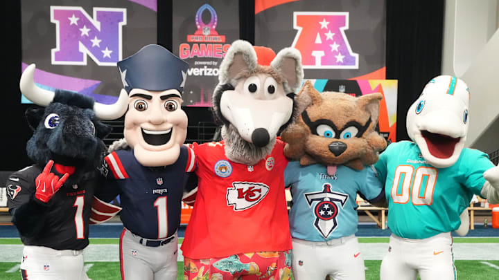 Feb 2, 2026; San Francisco, CA, USA; Houston Texans, New England Patriots, Kansas City Chiefs, Tennessee Titans and Miami Dolphins mascots pose during AFC practice at the NFL Flag Fieldhouse at Moscone Center South Building. Feb 2, 2026; San Francisco, CA, USA; Houston Texans, New England Patriots, Kansas City Chiefs, Tennessee Titans and Miami Dolphins mascots pose during AFC practice at the NFL Flag Fieldhouse at Moscone Center South Building.