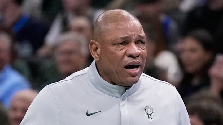 Milwaukee Bucks head coach Doc Rivers reacts to a call during the second quarter against the Charlotte Hornets at Fiserv Forum on November 14, 2025. Milwaukee Bucks head coach Doc Rivers reacts to a call during the second quarter against the Charlotte Hornets at Fiserv Forum on November 14, 2025.