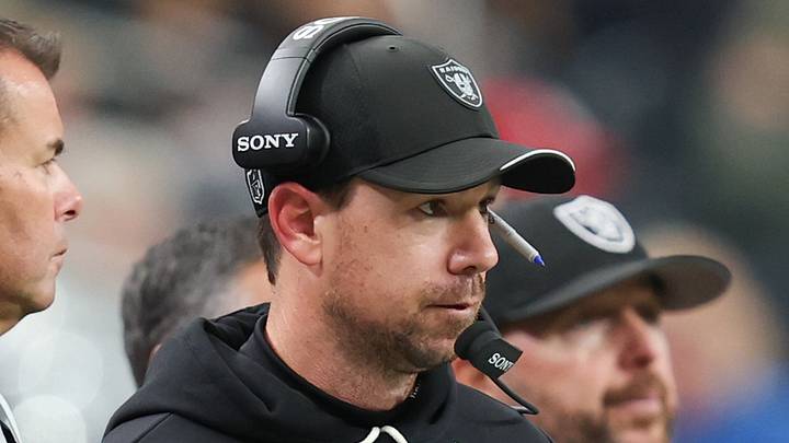 Oct 25, 2026; Paradise, Nevada, USA; Las Vegas Raiders head coach Klint Kubiak looks on from the sideline during the second half against the Los Angeles Rams at Allegiant Stadium. Mandatory Credit: David Brytus-Imagn Images