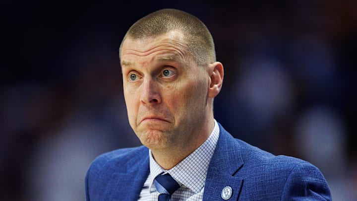 Feb 7, 2026; Lexington, Kentucky, USA; Kentucky Wildcats head coach Mark Pope reacts to the action during the first half against the Tennessee Volunteers at Rupp Arena at Central Bank Center. Mandatory Credit: Jordan Prather-Imagn Images