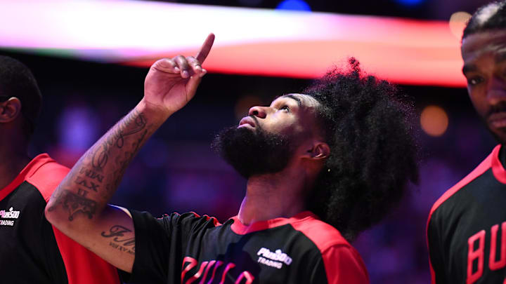 Chicago Bulls guard Coby White reacts during the national anthem before the game against the Philadelphia 76ers at Wells Fargo Center