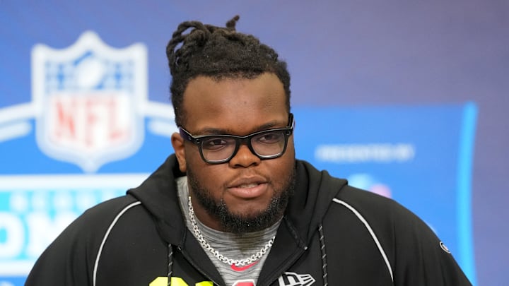 Feb 25, 2026; Indianapolis, IN, USA; Ohio State defensive lineman Kayden McDonald (DL21) speaks during the NFL Scouting Combine at the Indiana Convention Center. Mandatory Credit: Kirby Lee-Imagn Images Feb 25, 2026; Indianapolis, IN, USA; Ohio State defensive lineman Kayden McDonald (DL21) speaks during the NFL Scouting Combine at the Indiana Convention Center. Mandatory Credit: Kirby Lee-Imagn Images