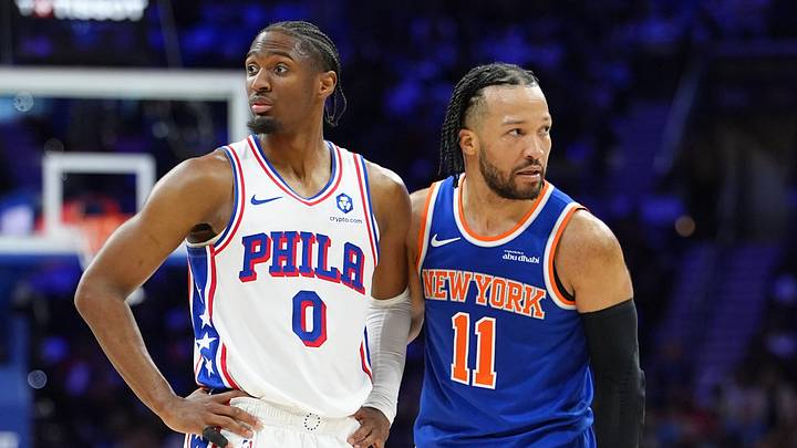 Philadelphia 76ers guard Tyrese Maxey (0) looks on against New York Knicks guard Jalen Brunson (11) in the second quarter during game four of the second round of the 2026 NBA Playoffs at Xfinity Mobile Arena. 