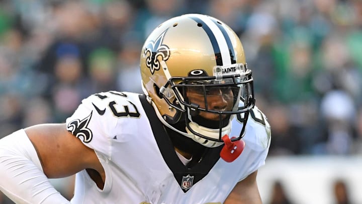 Jan 1, 2023; Philadelphia, Pennsylvania, USA; New Orleans Saints cornerback Marshon Lattimore (23) runs with the football after intercepting a pass against the Philadelphia Eagles at Lincoln Financial Field. Mandatory Credit: Eric Hartline-Imagn Images