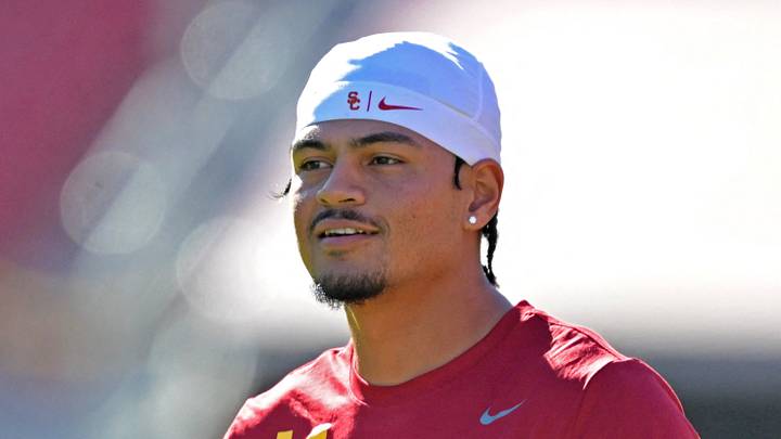 Oct 11, 2025; Los Angeles, California, USA;  USC Trojans quarterback Jayden Maiava (14) warms up prior to the game against the Michigan Wolverines at United Airlines Field at the Los Angeles Memorial Coliseum.