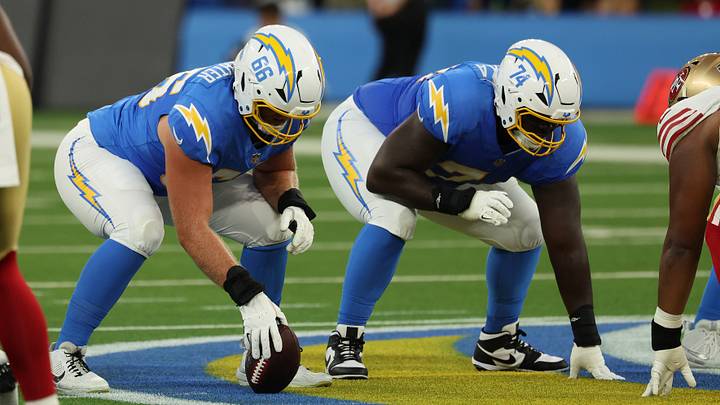 Aug 20, 2026; Inglewood, California, USA; Los Angeles Chargers center Jake Slaughter (66) and guard Kayode Awosika (74) on the line of the scrimmage during the first quarter against the San Francisco 49ers at SoFi Stadium. Mandatory Credit: Kiyoshi Mio-Imagn Images Aug 20, 2026; Inglewood, California, USA; Los Angeles Chargers center Jake Slaughter (66) and guard Kayode Awosika (74) on the line of the scrimmage during the first quarter against the San Francisco 49ers at SoFi Stadium. Mandatory Credit: Kiyoshi Mio-Imagn Images