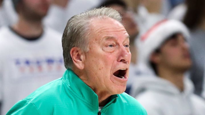 Dec 13, 2025; University Park, Pennsylvania, USA; Michigan State Spartans head coach Tom Izzo reacts from the bench during the first half against the Penn State Nittany Lions at Bryce Jordan Center. Dec 13, 2025; University Park, Pennsylvania, USA; Michigan State Spartans head coach Tom Izzo reacts from the bench during the first half against the Penn State Nittany Lions at Bryce Jordan Center.