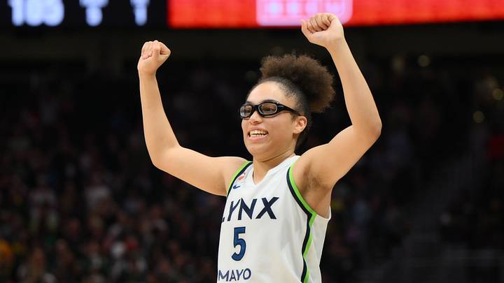 Jul 20, 2026; Seattle, Washington, USA; Minnesota Lynx guard Olivia Miles (5) celebrates defeating the Seattle Storm at Climate Pledge Arena. Mandatory Credit: Steven Bisig-Imagn Images