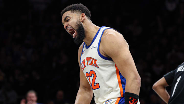 Mar 20, 2026; Brooklyn, New York, USA; New York Knicks center Karl-Anthony Towns (32) reacts after a basket during the first half against the Brooklyn Nets at Barclays Center. Mandatory Credit: Vincent Carchietta-Imagn Images Mar 20, 2026; Brooklyn, New York, USA; New York Knicks center Karl-Anthony Towns (32) reacts after a basket during the first half against the Brooklyn Nets at Barclays Center. Mandatory Credit: Vincent Carchietta-Imagn Images