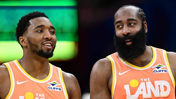 Cleveland Cavaliers guard Donovan Mitchell (45) and guard James Harden (1)