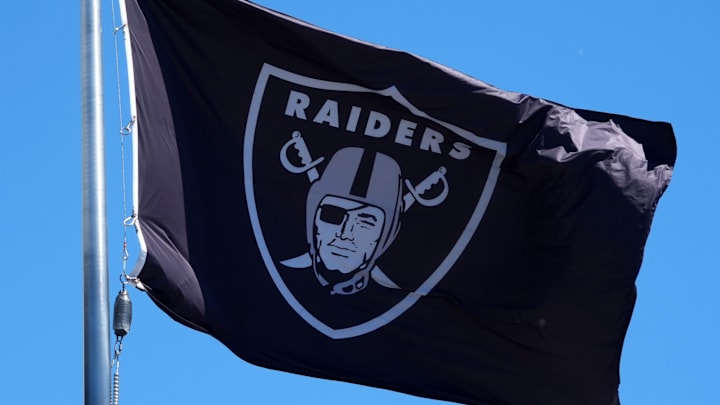 Jul 24, 2025; Henderson, NV, USA; A Las Vegas Raiders shield logo flag at the Intermountain Healthcare Performance Center. Mandatory Credit: Kirby Lee-Imagn Images