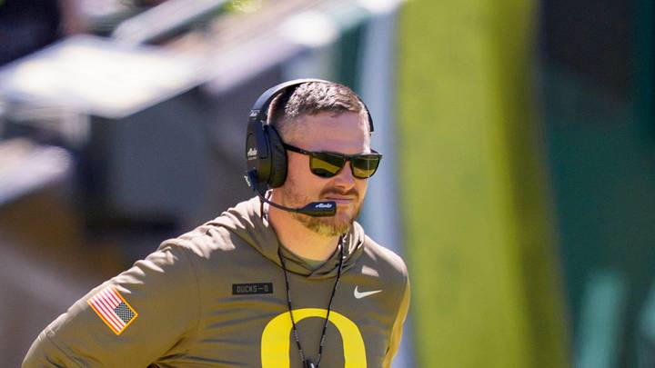 Oregon head coach Dan Lanning looks on during the Oregon Ducks annual spring game on April 25, 2026 at Autzen Stadium in Eugene, Oregon.