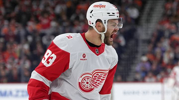 Apr 2, 2026; Philadelphia, Pennsylvania, USA; Detroit Red Wings right wing Alex Debrincat (93) reacts after scoring a goal against the Philadelphia Flyers in the first period at Xfinity Mobile Arena. Mandatory Credit: Kyle Ross-Imagn Images