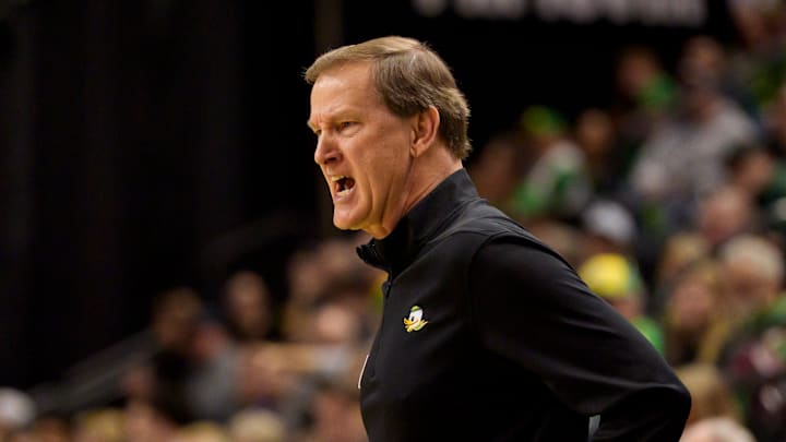 Oregon head coach Dana Altman looks on as the Oregon Ducks host the Washington Huskies on March 7, 2026, at Matthew Knight Arena in Eugene, Oregon.