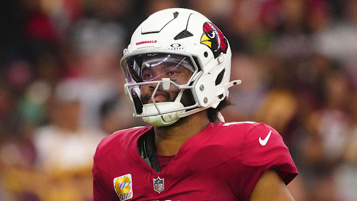 Cardinals quarterback Kyler Murray (1) reacts after a three and out against the Commanders during a game at State Farm Stadium in Glendale on Sept. 29, 2024.