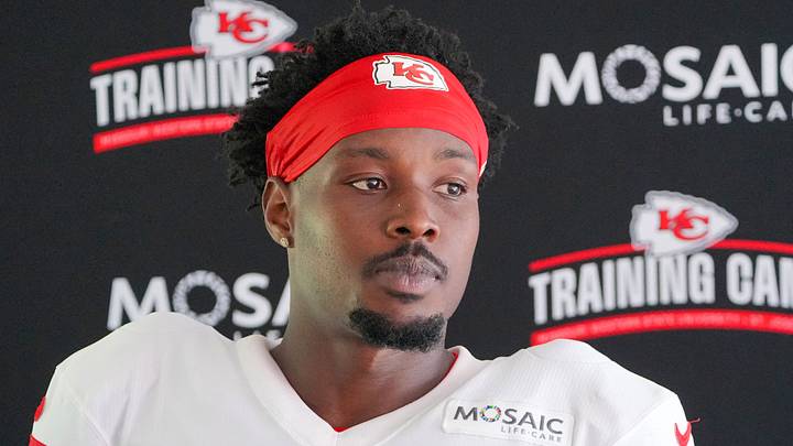 Aug 3, 2026; Kansas City, MO, USA; Kansas City Chiefs   safety Chamarri Conner (27) speaks to media after training camp at Missouri Western University. Mandatory Credit: Denny Medley-Imagn Images