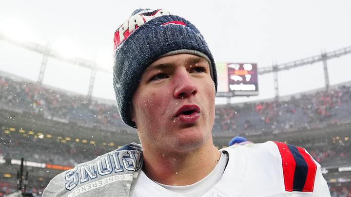 Jan 25, 2026; Denver, CO, USA;  New England Patriots quarterback Drake Maye (10) reacts after defeating the Denver Broncos in the 2026 AFC Championship Game at Empower Field at Mile High. Mandatory Credit: Ron Chenoy-Imagn Images