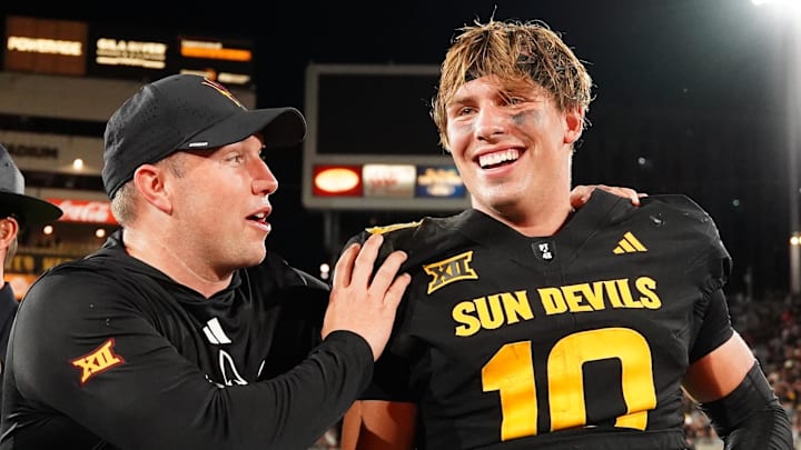 Sep 26, 2025; Tempe, Arizona, USA; Arizona State Sun Devils quarterback Sam Leavitt (10) celebrates with head coach Kenny Dillingham after win against TCU Horned Frogs at Mountain America Stadium, Home of the ASU Sun Devils. Mandatory Credit: Jacob Reiner-Imagn Images Sep 26, 2025; Tempe, Arizona, USA; Arizona State Sun Devils quarterback Sam Leavitt (10) celebrates with head coach Kenny Dillingham after win against TCU Horned Frogs at Mountain America Stadium, Home of the ASU Sun Devils. Mandatory Credit: Jacob Reiner-Imagn Images