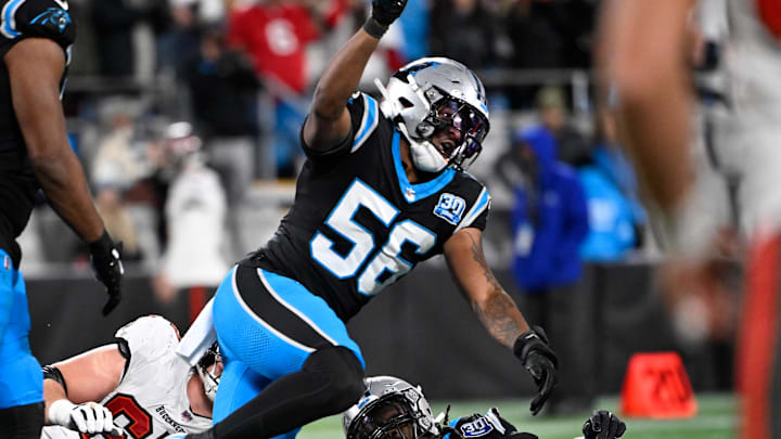 Dec 1, 2024; Charlotte, North Carolina, USA; Carolina Panthers linebacker Trevin Wallace (56) reacts in overtime at Bank of America Stadium. Mandatory Credit: Bob Donnan-Imagn Images Dec 1, 2024; Charlotte, North Carolina, USA; Carolina Panthers linebacker Trevin Wallace (56) reacts in overtime at Bank of America Stadium. Mandatory Credit: Bob Donnan-Imagn Images