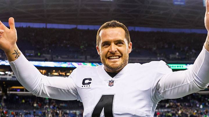 Nov 27, 2022; Seattle, Washington, USA; Las Vegas Raiders quarterback Derek Carr (4) celebrates following a 40-34 overtime victory against the Seattle Seahawks at Lumen Field. Mandatory Credit: Joe Nicholson-USA TODAY Sports Nov 27, 2022; Seattle, Washington, USA; Las Vegas Raiders quarterback Derek Carr (4) celebrates following a 40-34 overtime victory against the Seattle Seahawks at Lumen Field. Mandatory Credit: Joe Nicholson-USA TODAY Sports