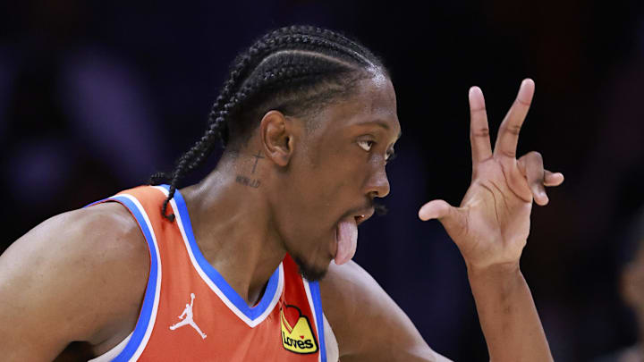 Dec 20, 2024; Miami, Florida, USA;  Oklahoma City Thunder forward Jalen Williams (8) reacts after a three-point basket against the Miami Heat during the second half at Kaseya Center. Mandatory Credit: Rhona Wise-Imagn Images