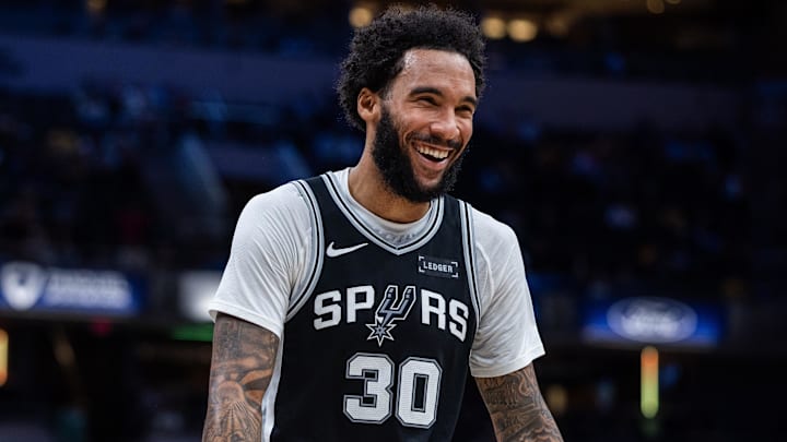 Oct 13, 2025; Indianapolis, Indiana, USA; San Antonio Spurs forward Julian Champagnie (30) in the second half against the Indiana Pacers at Gainbridge Fieldhouse.