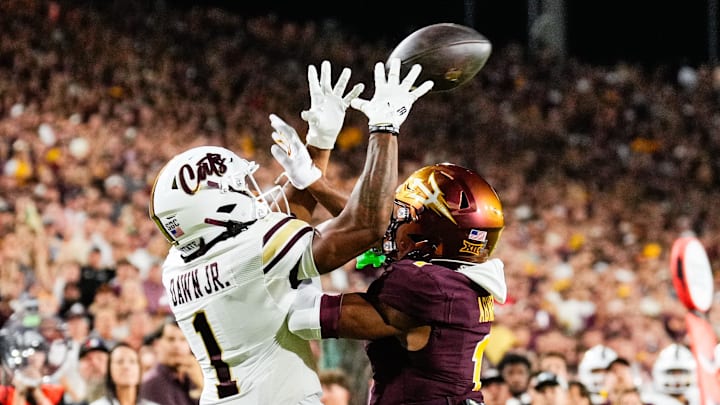 Sep 13, 2025; Tempe, Arizona, USA; Arizona State Sun Devils defensive back Keith Abney II (1) breaks up a pass intended for Texas State Bobcats wide receiver Chris Dawn Jr. (1) in the second quarter of the game between Arizona State Sun Devils and Texas State Bobcats. Mandatory Credit: Arianna Grainey-Imagn Images Sep 13, 2025; Tempe, Arizona, USA; Arizona State Sun Devils defensive back Keith Abney II (1) breaks up a pass intended for Texas State Bobcats wide receiver Chris Dawn Jr. (1) in the second quarter of the game between Arizona State Sun Devils and Texas State Bobcats. Mandatory Credit: Arianna Grainey-Imagn Images