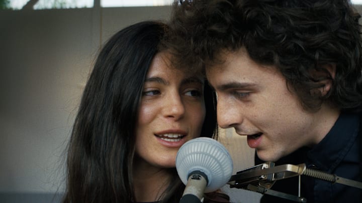 Timothée Chalamet and Monica Barbaro in A COMPLETE UNKNOWN.