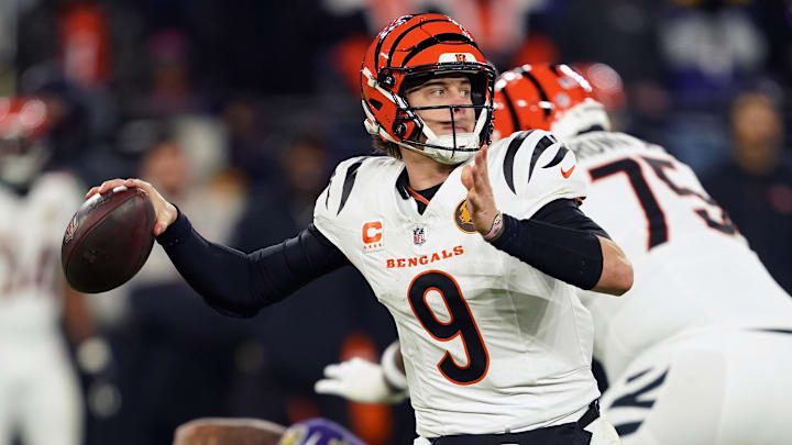 Nov 27, 2025; Baltimore, Maryland, USA; Cincinnati Bengals quarterback Joe Burrow (9) drops back to pass against the Baltimore Ravens during the first half at M&T Bank Stadium. Mandatory Credit: Mitch Stringer-Imagn Images