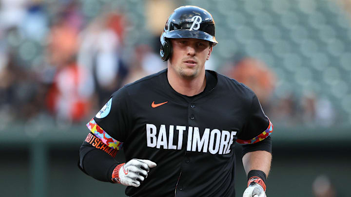 Aug 8, 2025; Baltimore, Maryland, USA; Baltimore Orioles catcher Adley Rutschman (35) rounds the bases after hitting a home run during the first inning against the Athletics at Oriole Park at Camden Yards. Mandatory Credit: Daniel Kucin Jr.-Imagn Images
