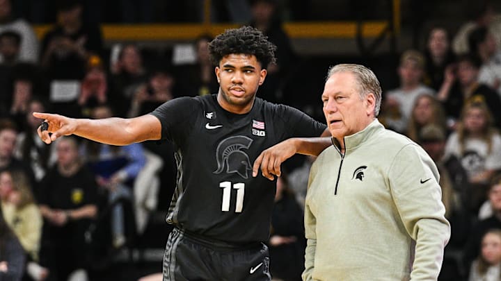 Mar 6, 2025; Iowa City, Iowa, USA; Michigan State Spartans head coach Tom Izzo talks with guard Jase Richardson (11) during the first half against the Iowa Hawkeyes at Carver-Hawkeye Arena. Mandatory Credit: Jeffrey Becker-Imagn Images