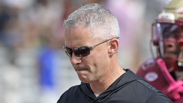 Oct 11, 2025; Tallahassee, Florida, USA; Florida State Seminoles head coach Mike Norvell after losing the game to the Pittsburgh Panthers at Doak S. Campbell Stadium. Mandatory Credit: Melina Myers-Imagn Images