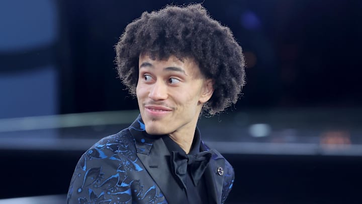 Jun 25, 2025; Brooklyn, NY, USA;  Nolan Traore reacts after being selected as the 19th pick by the Brooklyn Nets in the first round of the 2025 NBA Draft at Barclays Center. Mandatory Credit: Brad Penner-Imagn Images