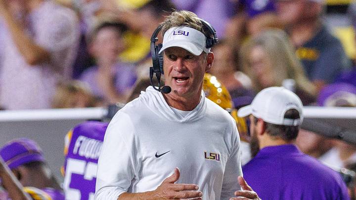LSU Tigers head coach Lane Kiffin looks on against the McNeese Cowboys during the first half at Tiger Stadium. LSU Tigers head coach Lane Kiffin looks on against the McNeese Cowboys during the first half at Tiger Stadium.