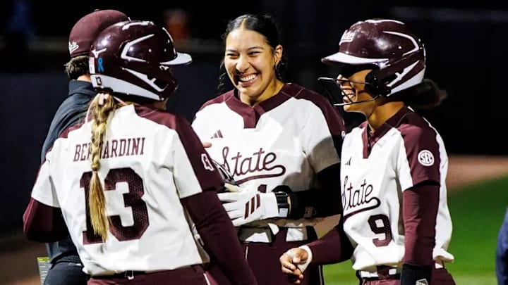 Mississippi State Associate Head Coach Tyler Bratton, Mississippi State Utility Player Morgan Bernardini (#13), Mississippi State Infielder Nadia Barbary (#10) and Mississippi State Infielder Kiarra Sells (#9) during the game between the UAB Blazers and the Mississippi State Bulldogs at Nusz Park in Starkville, MS.