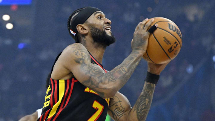 Apr 8, 2026; Cleveland, Ohio, USA; Atlanta Hawks guard Nickeil Alexander-Walker (7) looks to the basket in the first quarter against the Cleveland Cavaliers at Rocket Arena. Mandatory Credit: David Richard-Imagn Images